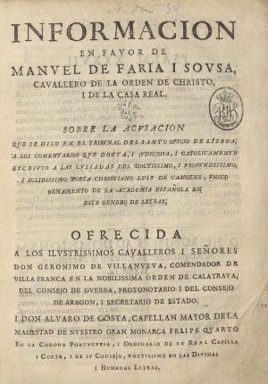 Informacion en favor de Manuel de Faria e Sousa que se hizo en el Tribunal del Santo Oficio de Lisbo...