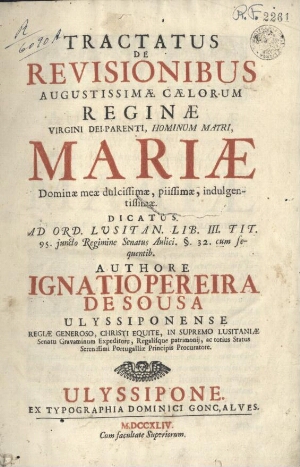 Tractatus de revisionibus Augustissimae Caelorum Reginae Virgini Dei Parenti, Hominum Matri, Mariae....