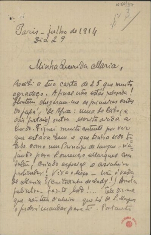 [Carta, 1914 jul. 29, Paris a Maria Cardoso de Sá Carneiro]