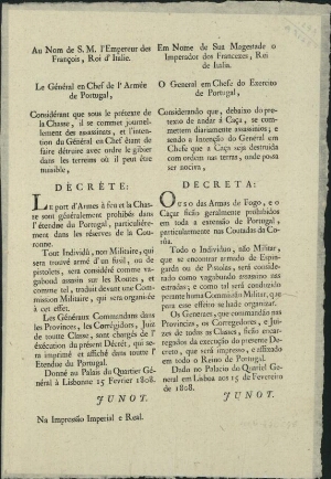 [Decreto do General Junot, proibindo o uso de armas de fogo e a caça, datado de Lisboa a 15 de Fever...