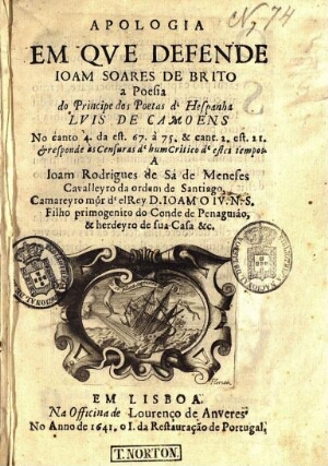 Apologia em que defende Joam Soares de Brito a poesia do principe dos poetas d'Hespanha Luis de Camo...