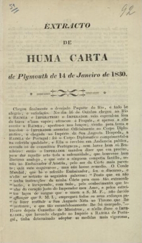 Extracto de huma carta de Plymouth de 14 de Janeiro de 1830