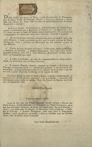 [Carta de Lei, a qual manda executar o Decreto das Cortes Gerais, Extraordinárias, e Constituintes d...
