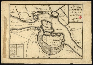 Plan de le ville de Mantoue et du lac au milieu duquel elle est située, avec ses environs