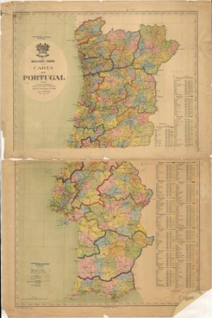 Carta de Portugal com a divisão administrativa, áreas e população por concelhos e rede de estradas a...