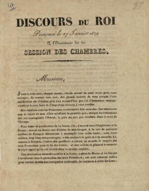 Discours du Roi prononcé le 27 Janvier 1829 a l'ouverture de la session des Chambres