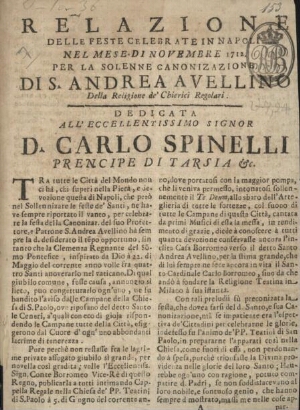 Relazione delle feste celebrate in Napoli nel mese di Novembre 1712. per la Solenne Canonizazione di...