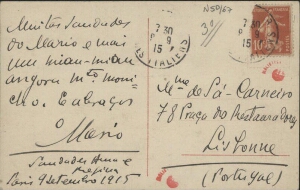 [Bilhete-postal, 1915 set. 9, Paris a Maria Cardoso de Sá Carneiro, Lisboa]