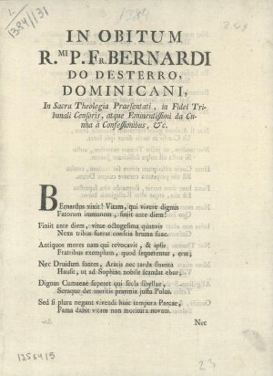 In obitum R.mi P. Fr. Bernardi do Desterro, Dominicani...