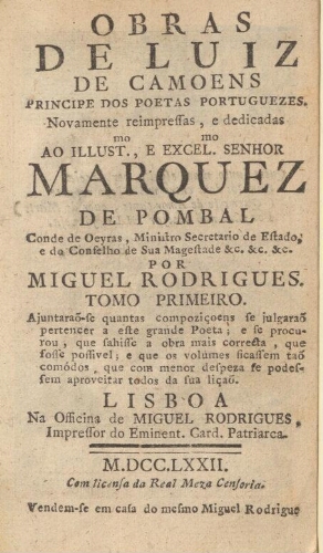 Obras de Luiz de Camoens principe dos poetas portuguezes