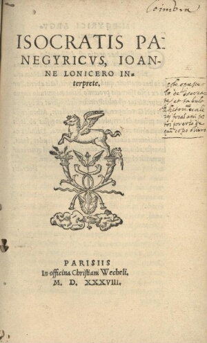 Isocratis Panegyricus, Ioanne Lonicero interprete