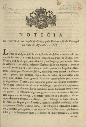Noticia da festividade em acção de graças pela restauraçaõ de Portugal na Villa de Alfarella em 1808
