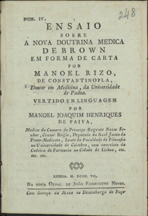 Ensaio sobre a nova doutrina medica de Brown em forma de carta por Manoel Rizo, de Constantinopla, D...