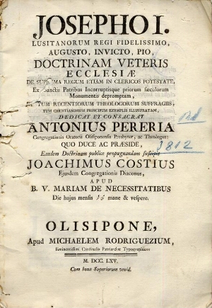 Josepho I Lusitanorum regi Fidelissimo, Augusto, Invicto, Pio, doctrinam veteris ecclesiae de suprem...