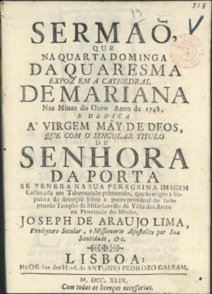 Sermaõ, que na Quarta Dominga da Quaresma expoz em a Cathedral de Mariana nas Minas do Ouro anno de ...