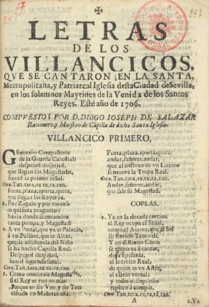 Letras de los villancicos, que se cantaron en la Santa, Metropolitana, y Patriarcal Iglesia desta Ci...