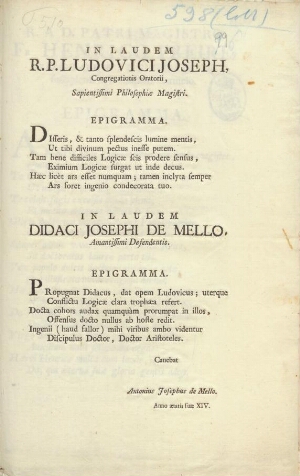 In Laudem R. P. Ludovici Joseph, Congregationis Oratorii... = In Laudem Didaci Josephi de Mello...