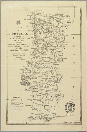 Carta de Portugal contendo as estradas de Macadam e caminhos-de-ferro