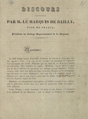 Discours prononcé par M. le Marquis de Bailly, pair de France, Président du Collége Départemental de...