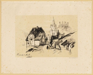 [Vista de aldeia com igreja gótica e castelo]
