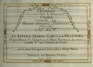 Vesperas para a festividade da Matriarca S.ta Clara compostas por Marcos Antonio Portugal