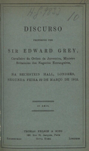 Discurso proferido por Sir Edward Grey... na Bechstein Hall, Londres... 22 de Março de 1915