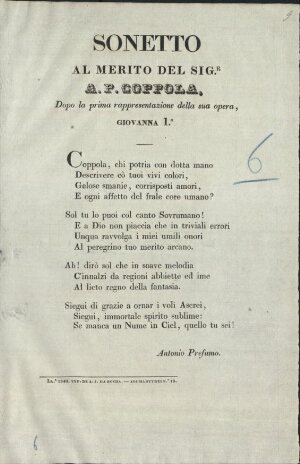 Soneto al merito dei Sig. A. P. Coppola, dopo la prima rappresentazione della sua opera, Giovanna Iª