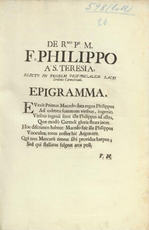 De Rmo. Pe. M. Fr. Philippo à S. Teresia, electo in Priorem Provincialem Sacri Ordinis Carmelitani
