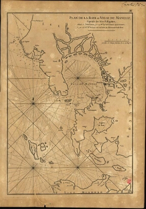 Plan de la baye et ville de Mannille, capitale des isles Philippines, située en lªisle Luçon, située...