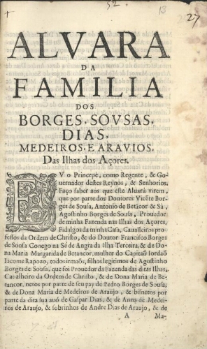 Alvara da familia dos Borges, Sousas, Dias, Medeiros, e Aravios, das Ilhas dos Açores