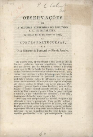 Observações que a algumas expressões ao deputado J. A. de Magalhães em sessão de 30 de Junho de 1840...