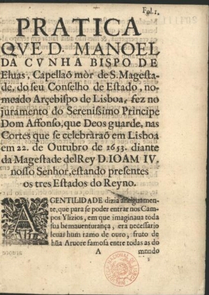 Pratica que fez no juramento do Sereníssimo Principe Dom Afonso... em Lisboa em 22 de Outubro de 165...