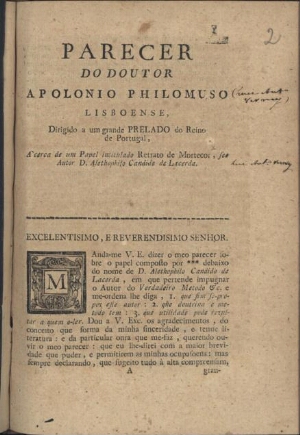 Parecer do Doutor Apolonio Philomuso Lisbonense, dirigido a um grande prelado do Reino de Portugal, ...