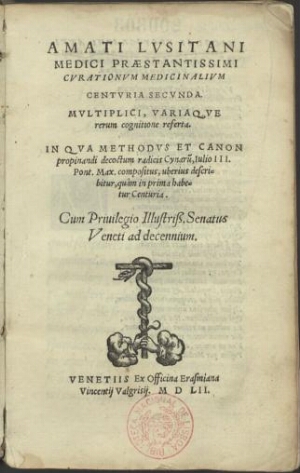 Amati Lusitani Curationum medicinalium centuria secunda. Multiplici, variaque rerum cognitione refer...