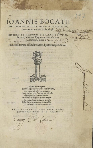Ioannis Bocatii Perì Genealogiae Deorum Libri Quindecim cum annotationibus Iacobi Micylli. Eiusdem D...