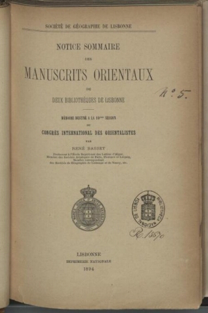 Notice sommaire des manuscrits orientaux de deux bibliothèques de Lisbonne