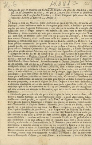 Relação do que se praticou na cidade do Funchal da Ilha da Madeira, no dia 17 de Dezembro de 1816, e...