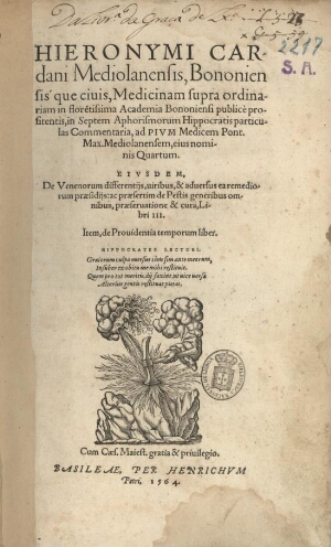 Hieronymi Cardani ... In septem Aphorismorum Hippocratis particulas commentaria, ... Eiusdem, De ven...