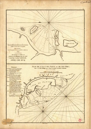 Plan de l'Isle de Patte et de son port, situé à la côte d'Afrique, par 2 dégrés 13 minutte de latitu...