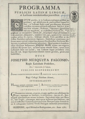 Programa Publicis latinae linguae, et lusitanae exercitationibus praemissum... duce Josepho Mesquita...