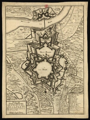 Plan de Philisbourg ville de lªeveché de Spire située a la droit du Rhin. investie par lªArmee du Ro...