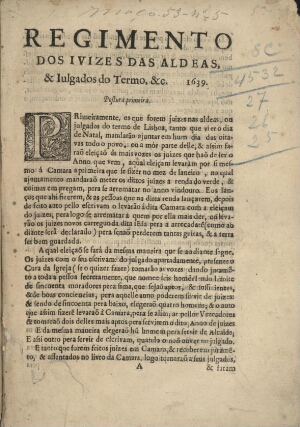 Regimento dos Juizes das Aldeas, e Julgados do Termo, &c. 1639