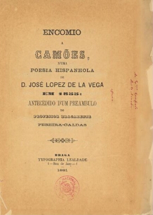 Encomio a Camões numa poesia hispanhola de D. José Lopez de la Vega em 1855