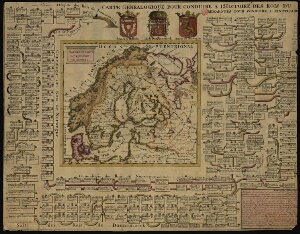 Carte genealogique pour conduire a lªHistoire des Rois du Nord, la carte de leurs Etats leurs armes ...