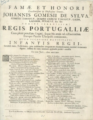 Famae et honori excellentissimi et illustrissimi Domini, Johannis Gomesii de Sylva, Comitis Taroucae...