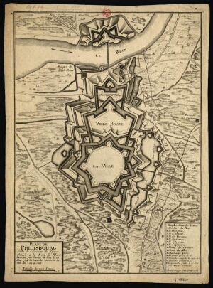 Plan de Philisbourg Ville de l'Eveché de Spire située a la droit du Rhin. investie par l'Armée du Ro...