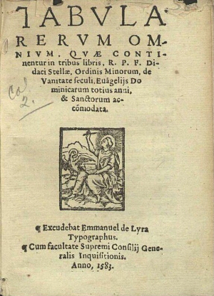 Tabula rerum omnium quae continentur in tribus libris R. P. F. Didaci Stellae Ordinis Minorum, de Va...