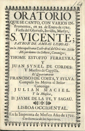 Oratorio que se canto, con varios instrumentos, en 22. de Enero de 1721, fiesta del glorioso, invict...