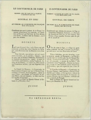 [Decreto do General Junot, proibindo o uso de armas de fogo e a caça, datado em Lisboa a 4 de Dezemb...