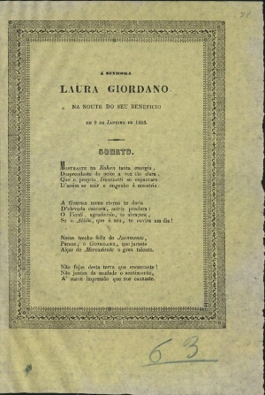 5 poesias á Srª Laura Giordano na noute do seu beneficio em 9 de Janeiro de 1853